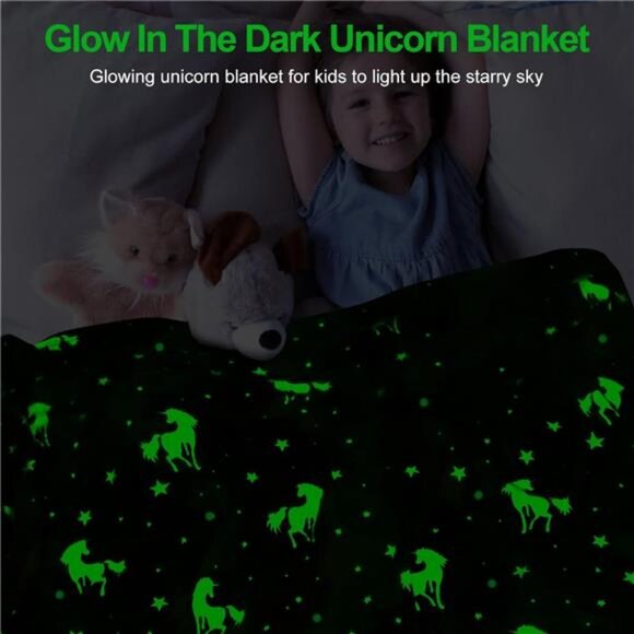 Unicorn Glow in The Dark Blanket, Unicorn Blanket for Girls/Kids, Unicorns - Picture 2 of 7